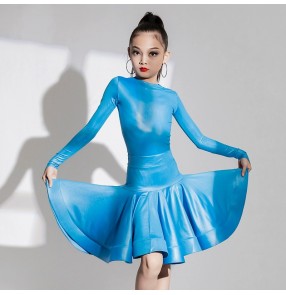 Girls kids children white blue latin ballroom dance dresses long sleeves salsa rumba chacha dance performance skirts for girls 